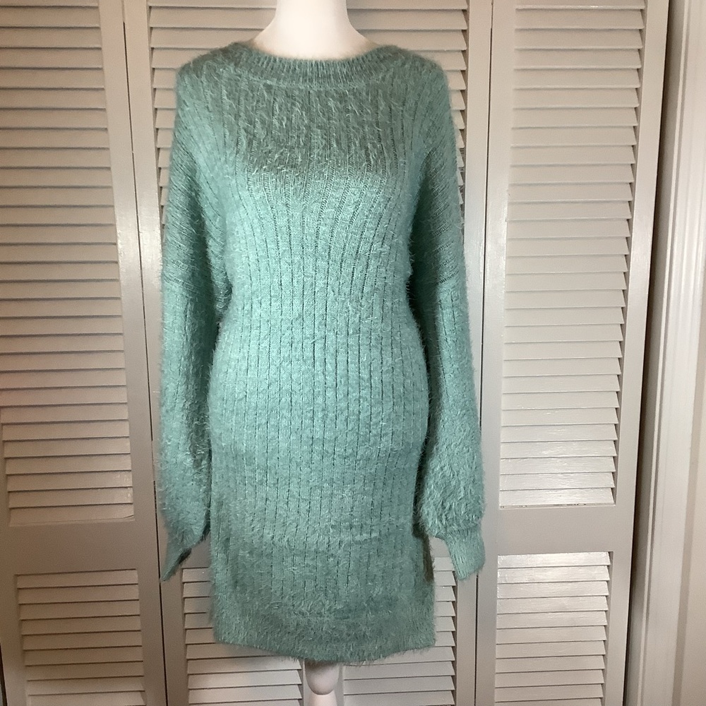NWT Forever 21 seafoam fuzzy knit sweater dress medium and large